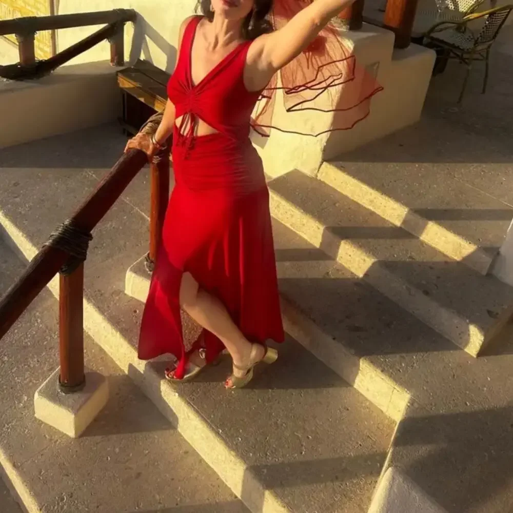 Zac Posen Red Cutout Waist Maxi Dress Size 10 Jersey Ruched Gown Designer $550 - Picture 4 of 11